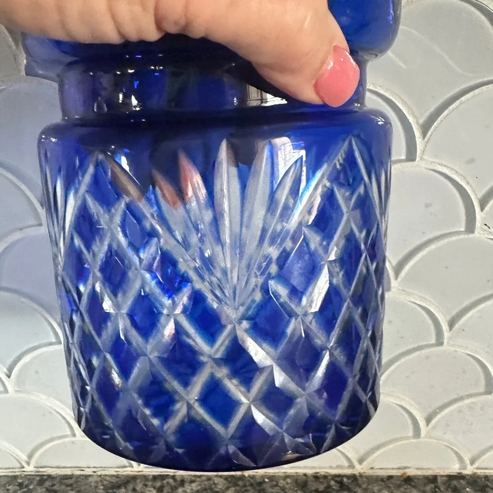 Vintage Cobalt Blue Cut to Clear Crystal Czech Bohemian Cookie Biscuit Jar
